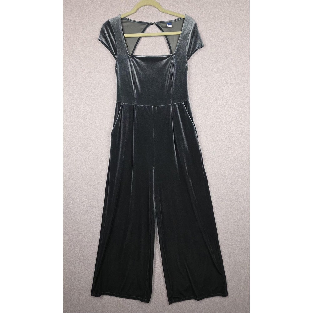 Old Navy Jumpsuit Womens Medium Green Velvet Short Sleeve Wide Leg Ethereal